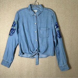 Rails Embroidered Shirt Womens Size Small Blue Tie Waist Button Up Floral Boho